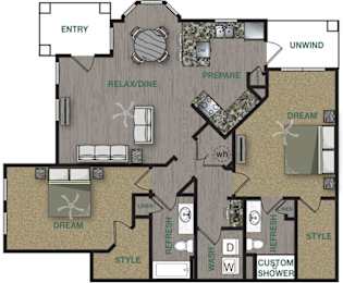 Floorplan image of a 2 bedroom, 2 bathroom with 1,328 sq. ft. at Stonepost Crossing Apartments, Overland Park