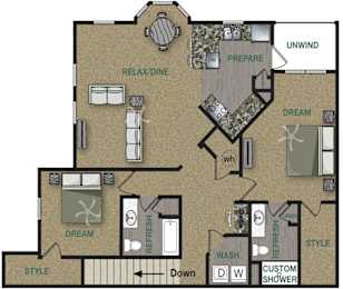 Floorplan image of 2 bedroom, 2 bathroom with 1,402 sq. ft. at Stonepost Crossing Apartments, Overland Park, KS