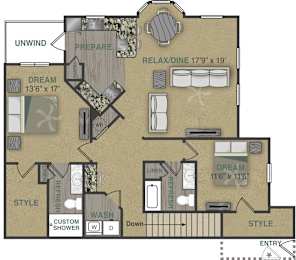 Floorplan image of 2 bedroom, 2 bathroom with 1.402 sq. ft. at Stonepost Crossing Apartments, Overland Park, Kansas