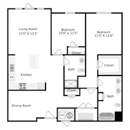 A floor plan of a home with a living room, two bedrooms, a kitchen, a dining room, and a HVAC unit.