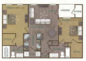 Floorplan image of 2 bedroom, 2 bathroom with 997 sq. ft. at Stonepost Crossing Apartments, Overland Park, Kansas
