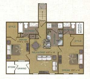 Floorplan image of 2 bedroom, 2 bathroom with 1,075 sq. ft. at Stonepost Crossing Apartments, Overland Park