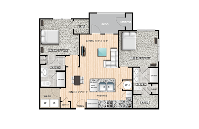A floor plan of a house with a living room, dining room, kitchen, and bathrooms.