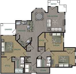 Floorplan image of 3 bedroom, 2 bathroom with 1,507 sq. ft. at Stonepost Crossing Apartments, Kansas
