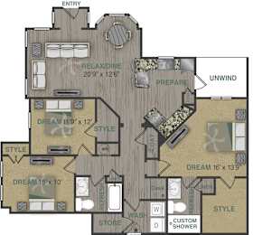 floorplan image of 3 bedroom, 2 bathroom with 1,507 sq. ft. at Stonepost Crossing Apartments, Overland Park