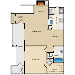A floor plan of a house with an alcove and a patio.