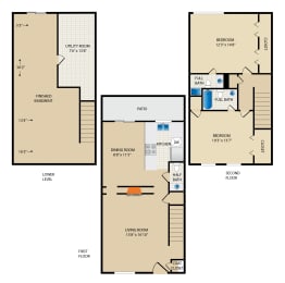three floor plan of a residence with a garage and a loft