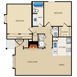 A floor plan of a house with two bedrooms, a living room, a kitchen, a dining area, and a bathroom.