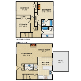 3 bed 2 bath floor plan at Preston Court Apartments, Kansas, 66212