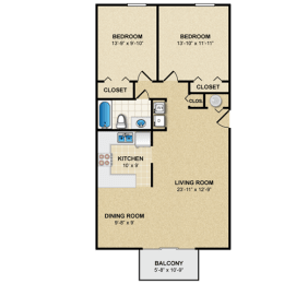 2 bed 1 bath floor planat Preston Court Apartments, Overland Park, 66212