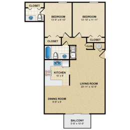 2 bed 1.5 bath floor plan at Preston Court Apartments, Overland Park, Kansas