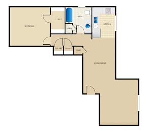A floor plan of a house with a bedroom, living room, kitchen, and bathroom.