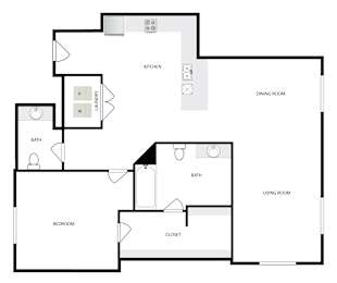 A floor plan of a house with a living room, dining room, kitchen, bath, bedroom, and closet.