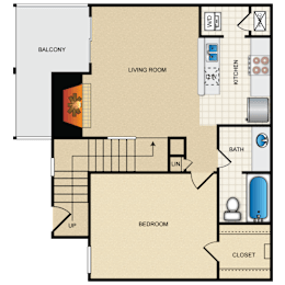 A floor plan of a house with a bedroom, bathroom, living room, and balcony.