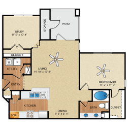 1 bedroom, 1 bathroom, study
