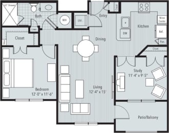 1 bedroom, 1 bathroom, study