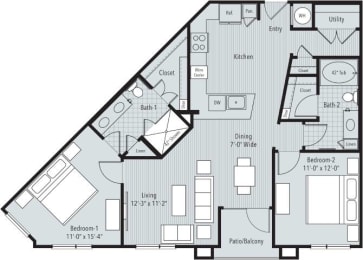 2 bedroom, 2 bathroom