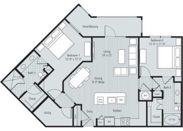 2 bedroom, 2 bathroom