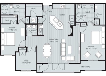 2 bedroom, 2.5 bathroom, study