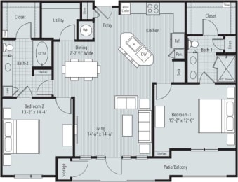 2 bedroom, 2 bathroom