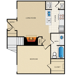 A floor plan of a small apartment with a living room, kitchen, bathroom, and bedroom.