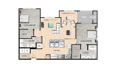 A floor plan of a house with a living room, dining room, kitchen, and bathrooms.