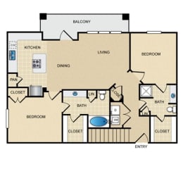 B2 Floor Plan: 2 bedroom, 2 bathroom, garage at Ovation at Lewisville Apartments, Lewisville, 75067