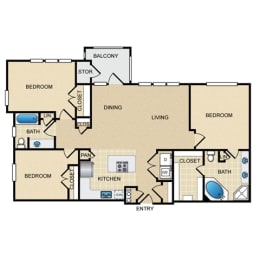C1 Floor Plan: 3 bedroom, 2 bathroom at Ovation at Lewisville Apartments, Lewisville, 75067