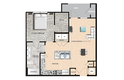 A floor plan of a house with a living room, dining room, kitchen, and bathroom.