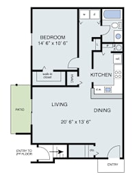 A floor plan of a home with a bedroom, living room, kitchen, dining room, and patio.