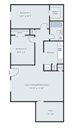 A floor plan of a small apartment with two bedrooms, a kitchen, and a den.