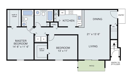 A floor plan of a house with a living room, dining room, kitchen, and two bedrooms.