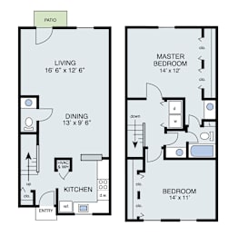 A floor plan of a two-bedroom apartment with a living room, dining room, kitchen, and patio.