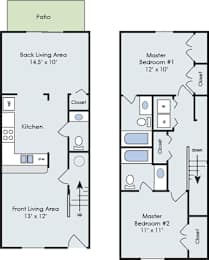 a floor plan of a house with two floors and a kitchen and a living room