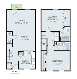 A floor plan of a house with a living room, dining room, kitchen, and two bedrooms.