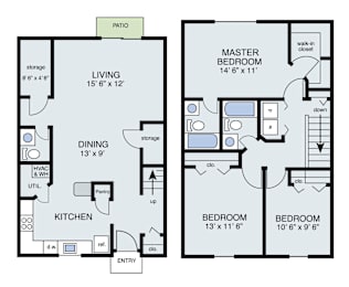 A floor plan of a house with a living room, dining room, kitchen, two bedrooms, a pantry, a cloakroom, and a patio.