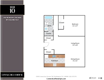 A floor plan for a one bedroom, one bath apartment at the Connecticut House in Washington D.C.