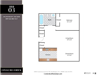 A floor plan for a one bedroom, one bath apartment at the Connecticut House.
