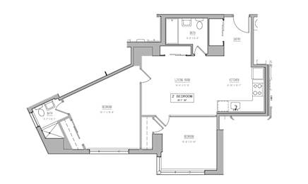 A floor plan of a house with two bedrooms and a living room.