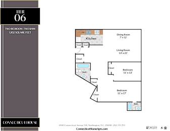 A floor plan for a two bedroom, two bath apartment at the Connecticut House.