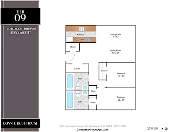 A floor plan for a two bedroom, two bath apartment at the Connecticut House.