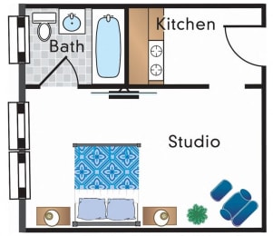 a floor plan of a small house with a bathroom and a kitchen