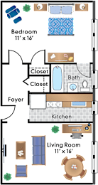 A floor plan of a small apartment with a bedroom, living room, kitchen, and bathroom.