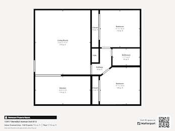 A floor plan of an apartment with a living room, kitchen, and two bedrooms.
