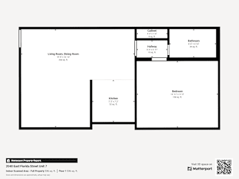 Floor plan for a property with a living room, dining room, kitchen, hallway, and bathroom.