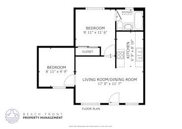 A floor plan for a home with a living room, dining room, and two bedrooms.