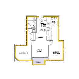 A floor plan of a house with a kitchen, dining area, and three bedrooms.