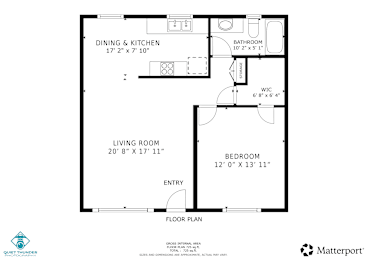 A floor plan of a living space with a dining and kitchen area, a living room, a bathroom, and a bedroom.
