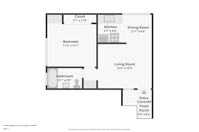 A floor plan of a one bedroom apartment with dimensions.