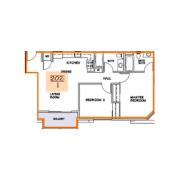 A floor plan of a house with a living room, two bedrooms, a hall, a kitchen, a bathroom, and a balcony.